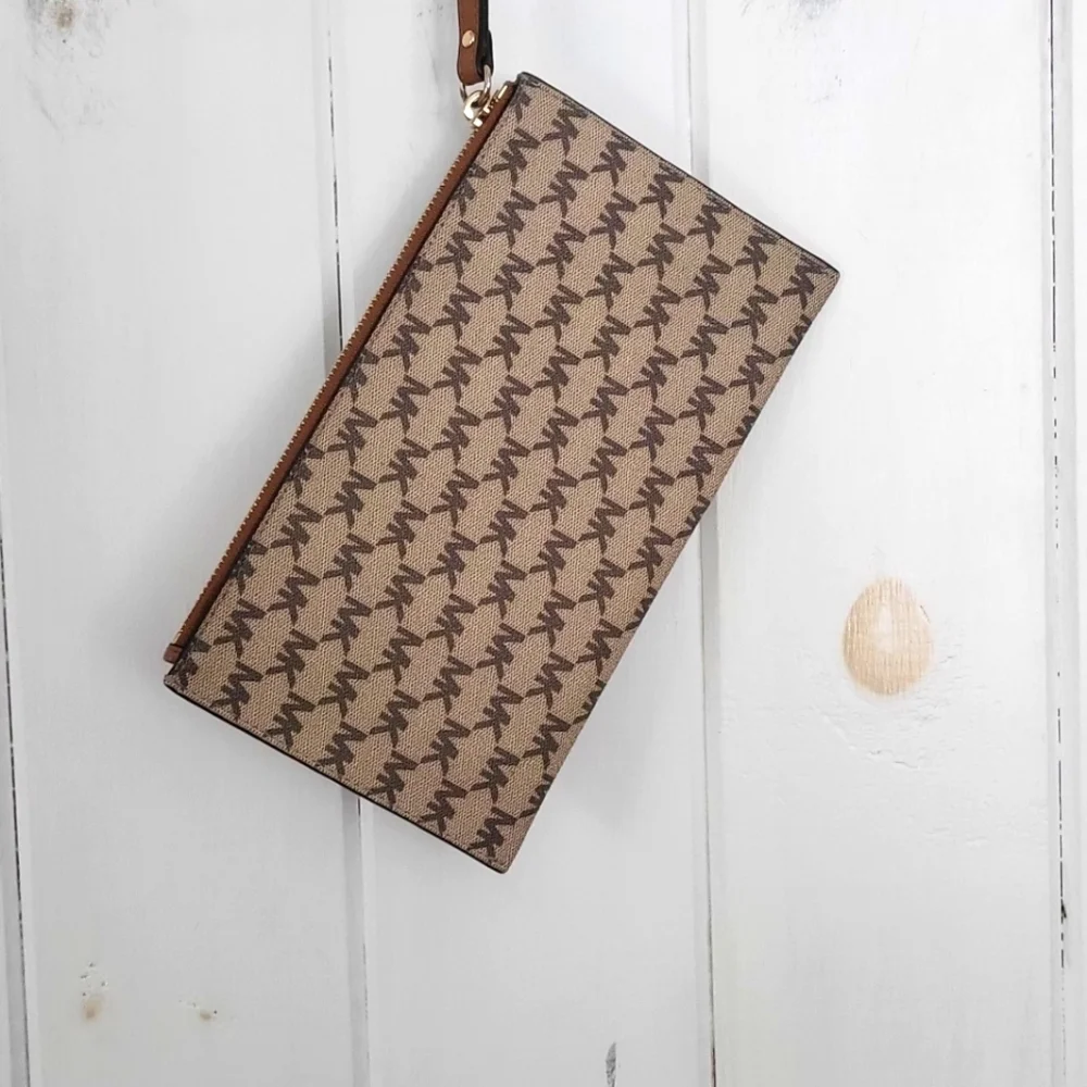 Michael Kors Khaki Tan Brown PVC Signature Print Wristlet
